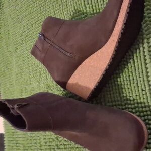 Papillio Brown Suede "Ebba" Ankle Booties with Tan Cork Wedges, Size 38, Narrow.